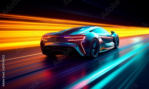 Futuristic Sports Car On Neon Highway. Powerful acceleration of a supercar with colorful lights trails, Generative AI