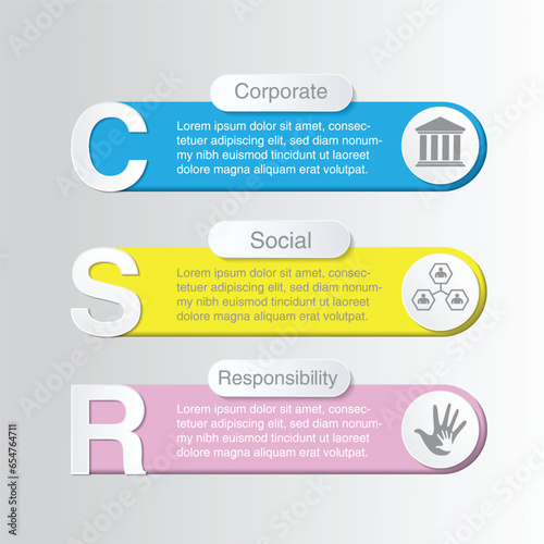 infographic chart with three steps. CSR – Corporate Social Responsibility concept vector icons set background.