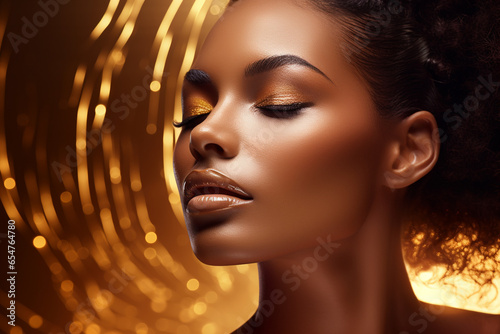 beautiful black woman beauty shot with a golden face serum or oil