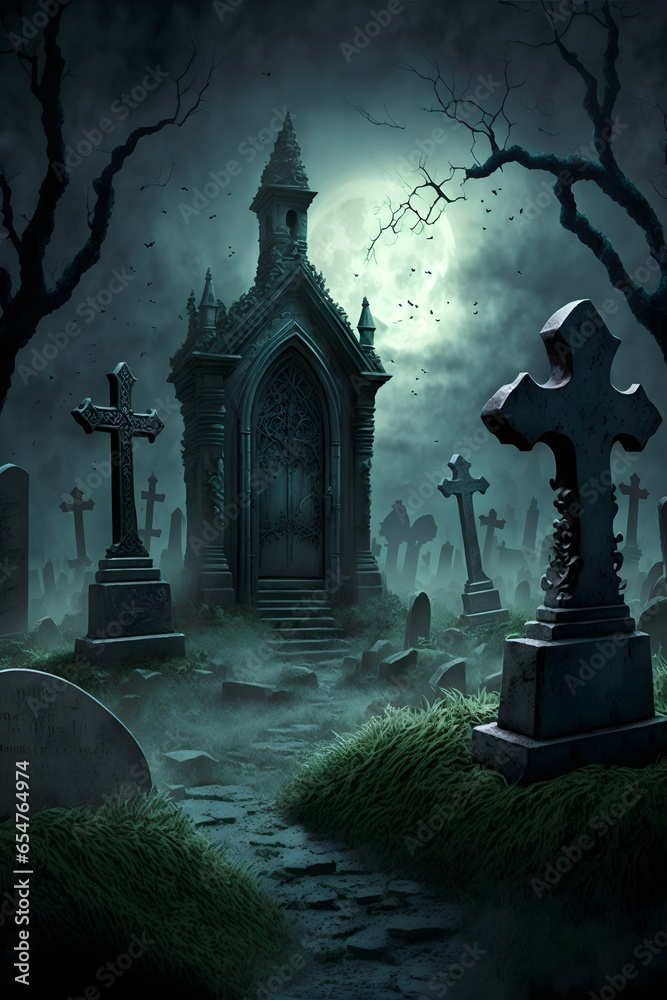 a graveyard closeup with tombstones in a fantasy setting dark and dreary 