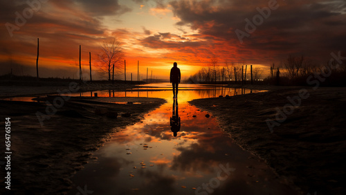 Mensch im Schatten mit Sonnenuntergang mit r  tlichen Licht und kahlen B  umen im Querformat f  r Banner  ai generativ