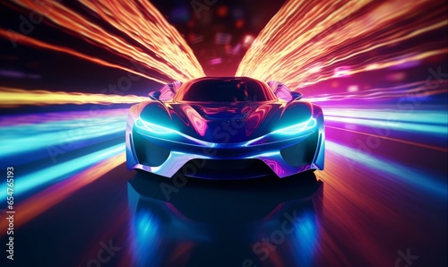Sports Car On Neon Highway. Powerful acceleration of a supercar with colorful lights and trails, Generative AI  © The Picture Show