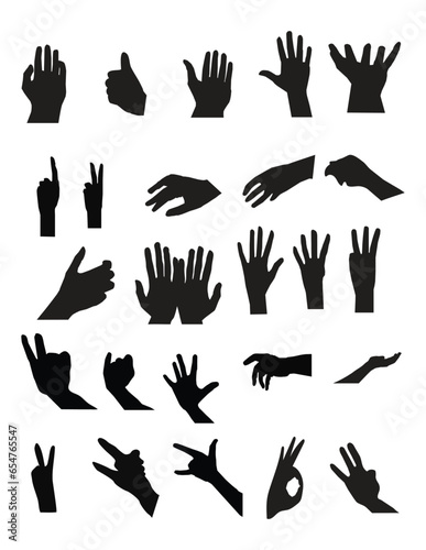 Set of various black silhouette human hands. Vector collection of male hands of different gestures. 