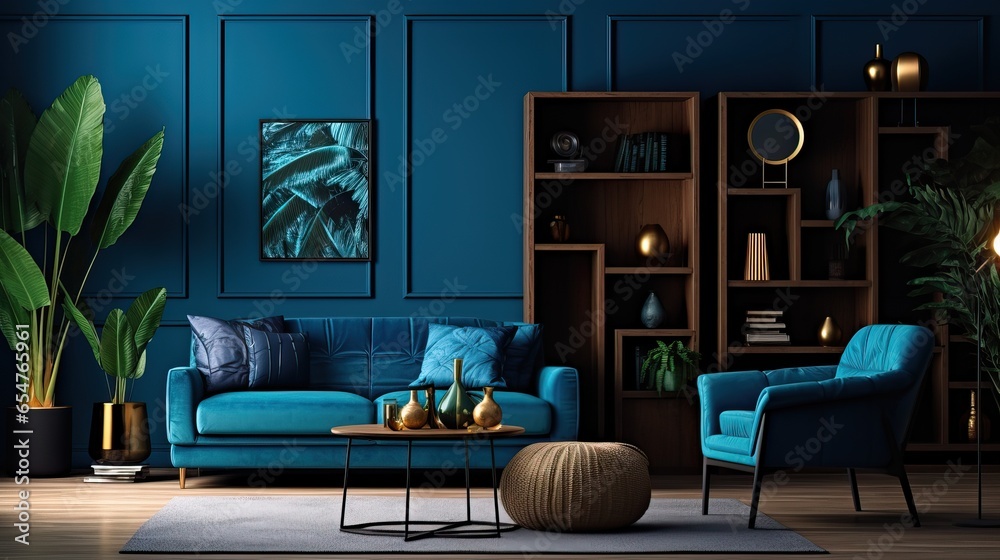 Modern Interior Design of a Blue Living Room with a Big Sofa and some Pillows, Armchair and other Decorations. Modern Interior Design of a Blue Living Room with a Big Sofa and some Pillows, Armchair and other Decorations.