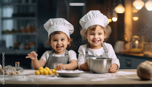 Two children cook something in the kitchen at Christmas