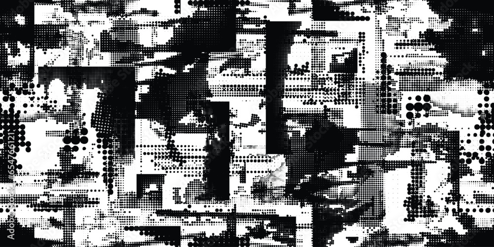 Glitch distorted grungy abstract forms . Halftone dots seamless pattern texture. Grange shapes .Grunge textured . Vector shapes with half tone dots .Screen print endless pattern texture
