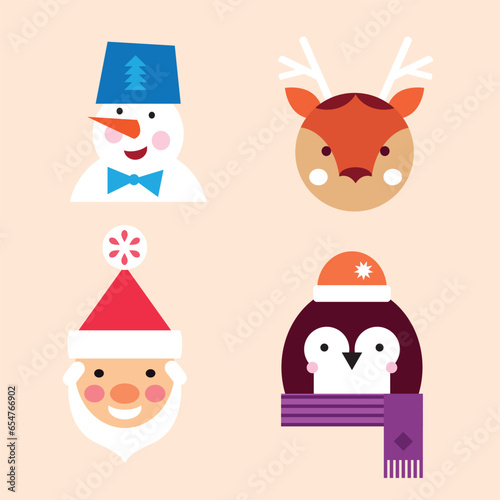 Cute christmas Characters and animals . Penguin   Santa Claus  bear  reindeer  snowman. Vector illustration in flat cartoon style.