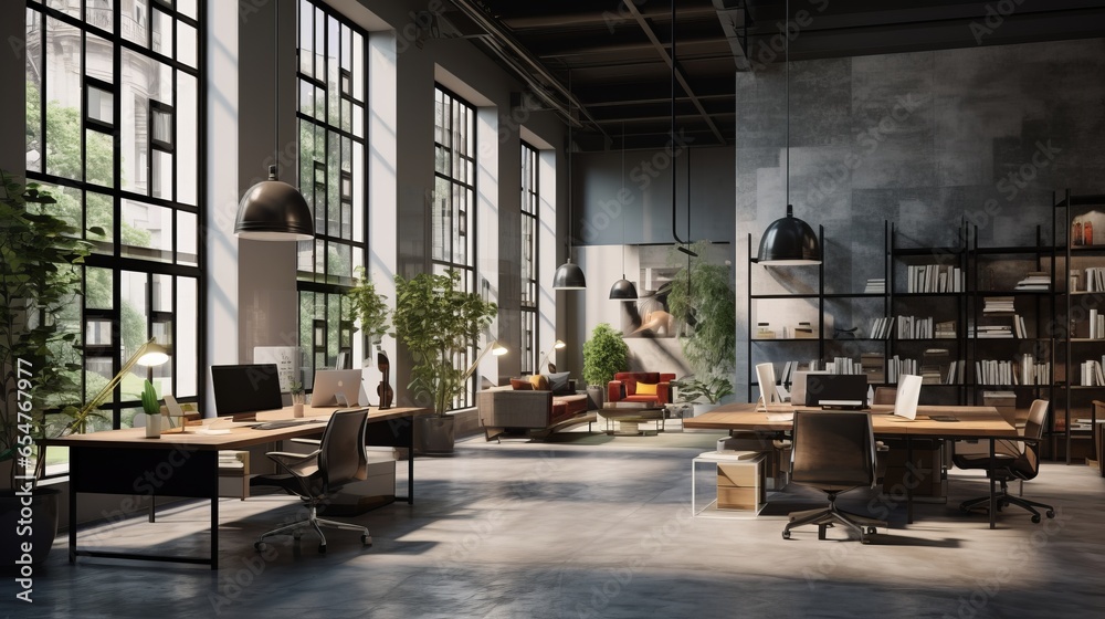 Modern office interior in loft, industrial style. Modern office interior in loft, industrial style.