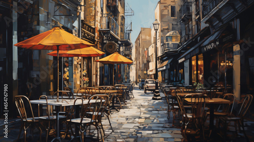 A painting of a city street with tables chairs