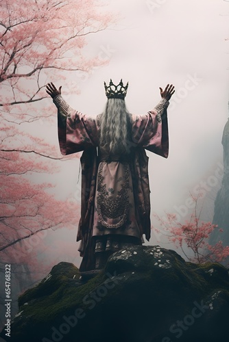 the old king raises his hand on the stone, ai generative photo