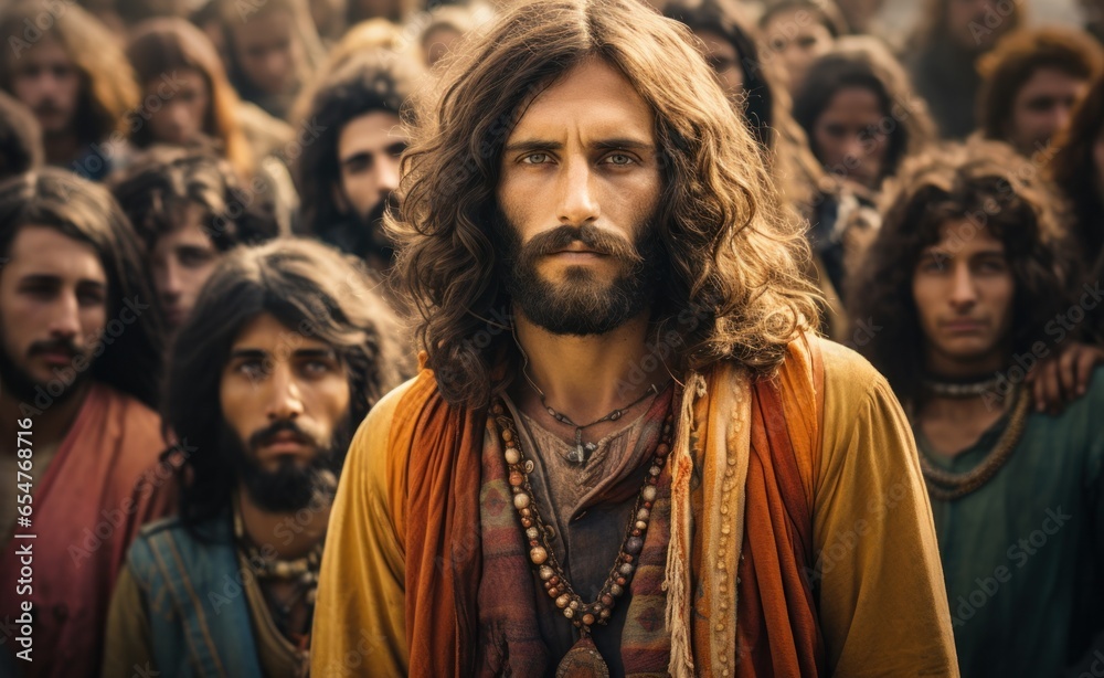 Fototapeta premium A free-spirited man with flowing locks and a rugged beard stands out amongst the conventional crowd, embodying a sense of hippie culture and native roots with his cinematic presence and eclectic clot