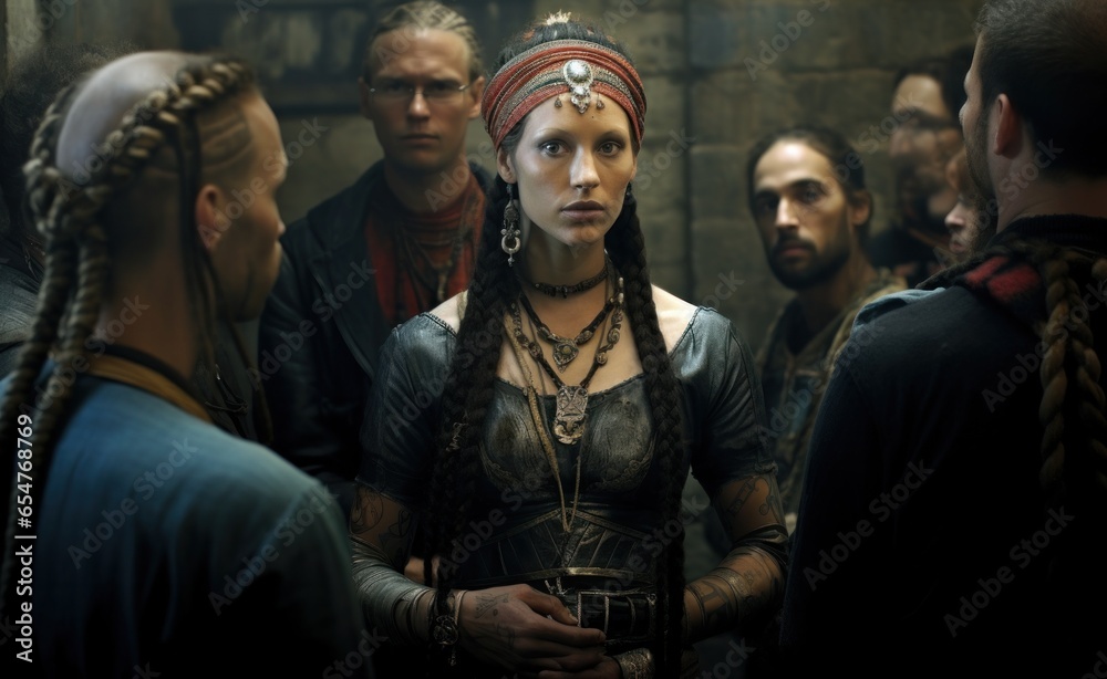 A free-spirited woman with vibrant braids and a bold red headband commands the attention of a group of men, exuding a sense of native american influence and cinematic charm in her eclectic clothing c