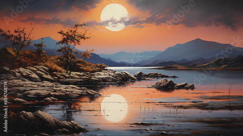 A painting of a full moon over a lake