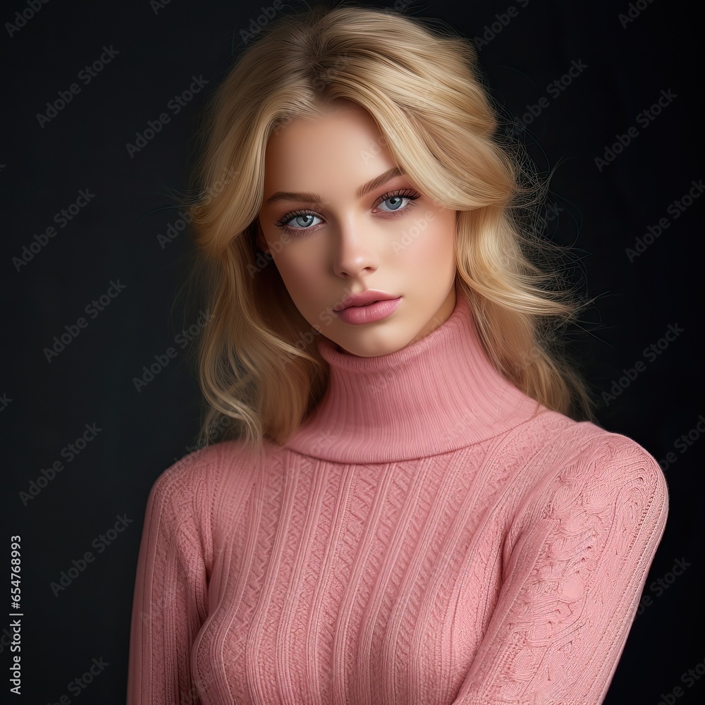 Beautiful Young Lady with Blond Hairs with a Pink Sweater over a Blurred Background. Focus on Subject. Beautiful Young Lady with Blond Hairs with a Pink Sweater over a Blurred Background. Focus on Subject.