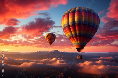 A mesmerizing shot of a hot air balloon taking flight at dawn, with the vibrant colors of the balloon contrasting against the soft, pastel hues of the morning sky © Hunman