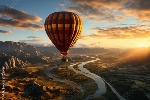 Stampa su tela A serene and peaceful scene of a solitary hot air balloon floating gracefully ov