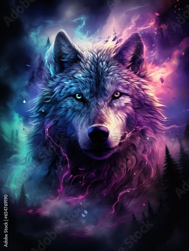 Abstract Illustration of a Wolf in the style of Galaxy colors. Wallpaper Idea.