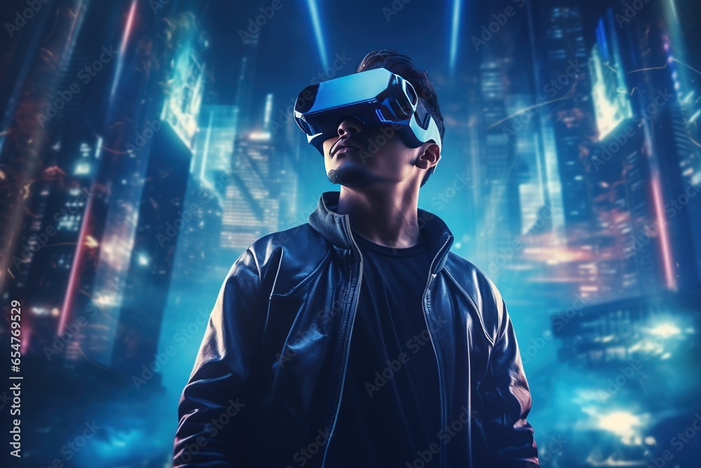 Portrait of a young man wearing virtual reality goggles. Future technology concept.