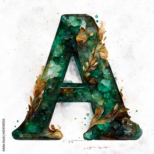 Letter A Watercolor jemstone deep green and copper transparent background  photo