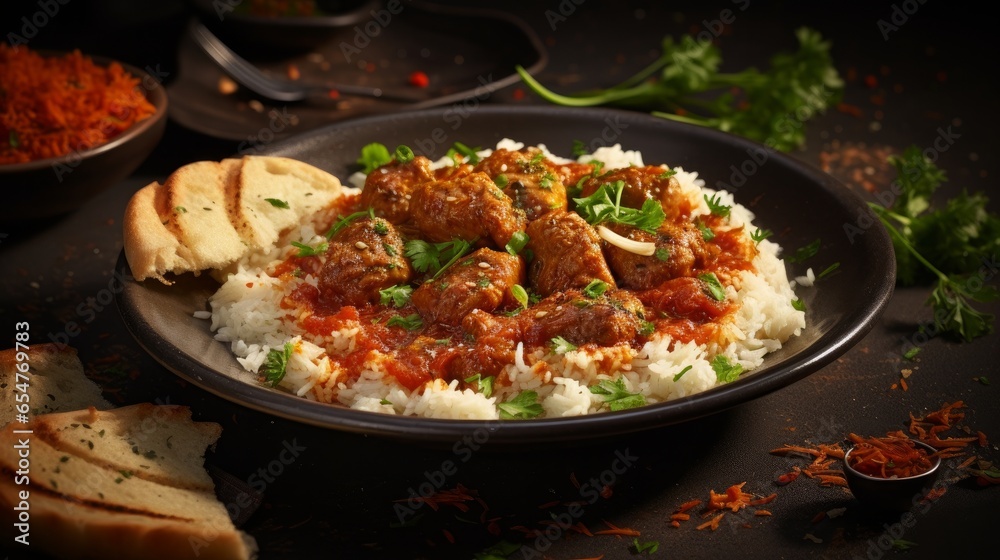 Arabic cuisine, Egyptian oriental Fettah with white rice and crispy bread topped with seasoned garlic red sauce,crispy fried garlic and veal chunks on rustic dark background. Arabic cuisine, Egyptian oriental Fettah with white rice and crispy bread topped with seasoned garlic red sauce,crispy fried garlic and veal chunks on rustic dark background.