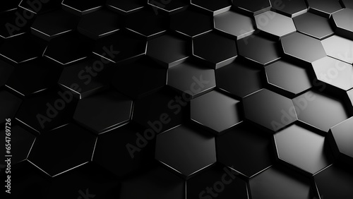 Abstract black background with 3d hexagonal shape and solid texture, futuristic and modern background with dark shadow and effect, for banner, backdrop, wallpaper