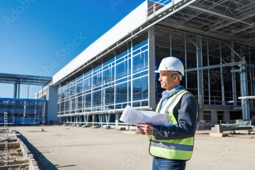 Caucasian mature architect wearing hardhat inspecting new building outdoors