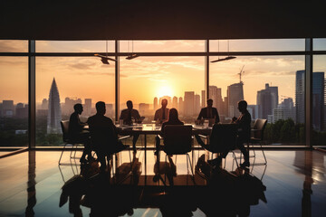 Startup business team silhouettes meeting in conference hall office with open space with glass partitions, in the windows the city with skyscrapers on the sunset.