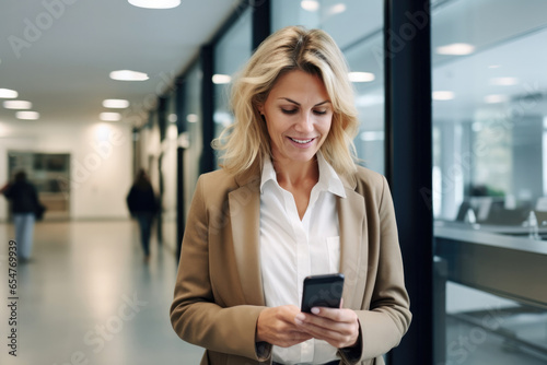 Young middle aged businesswoman standing with smartphone in modern office with glass partitions