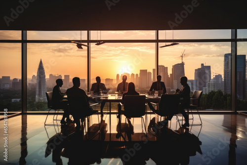 Startup business team silhouettes meeting in conference hall office with open space with glass partitions, in the windows the city with skyscrapers on the sunset.