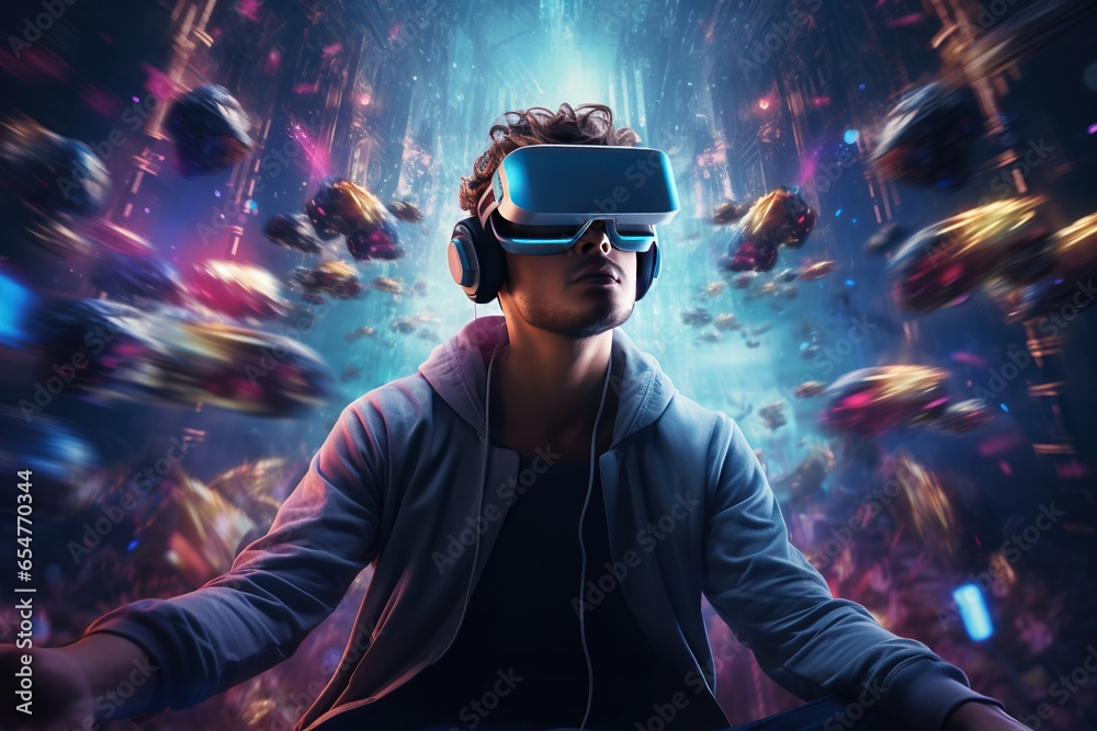 Portrait of a young man wearing virtual reality goggles. Future technology concept. Portrait of a young man wearing virtual reality goggles. Future technology concept.