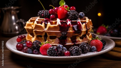 Belgian waffles with fruit and chocolate  forest fruit  all homemade  delicious batter