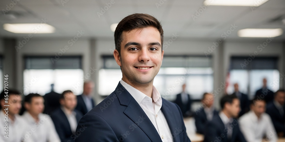 A successful team leader standing in front of the team, businessman, smiling, professional team concept A successful team leader standing in front of the team, businessman, smiling, professional team concept