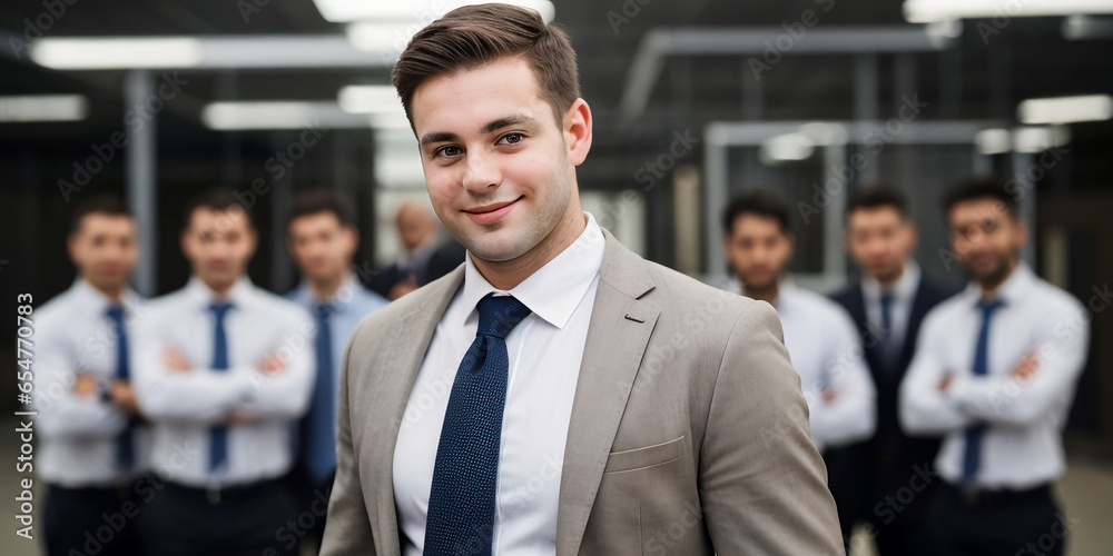 A successful team leader standing in front of the team, businessman, smiling, professional team concept A successful team leader standing in front of the team, businessman, smiling, professional team concept