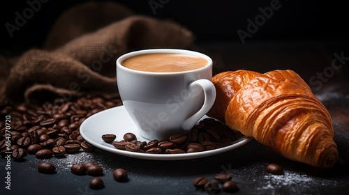The breakfast concept is illustrated by a white coffee cup and croissants arranged against a dark retro background, with a selective focus.