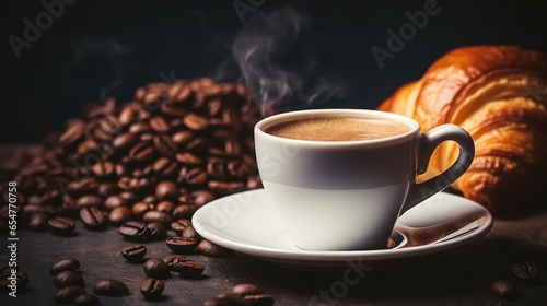 The breakfast concept is illustrated by a white coffee cup and croissants arranged against a dark retro background, with a selective focus.