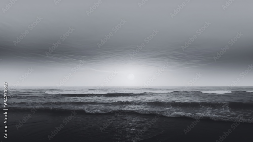 Fototapeta premium Tranquil misty coastal landscape with panoramic beach views. Black and white nature background.