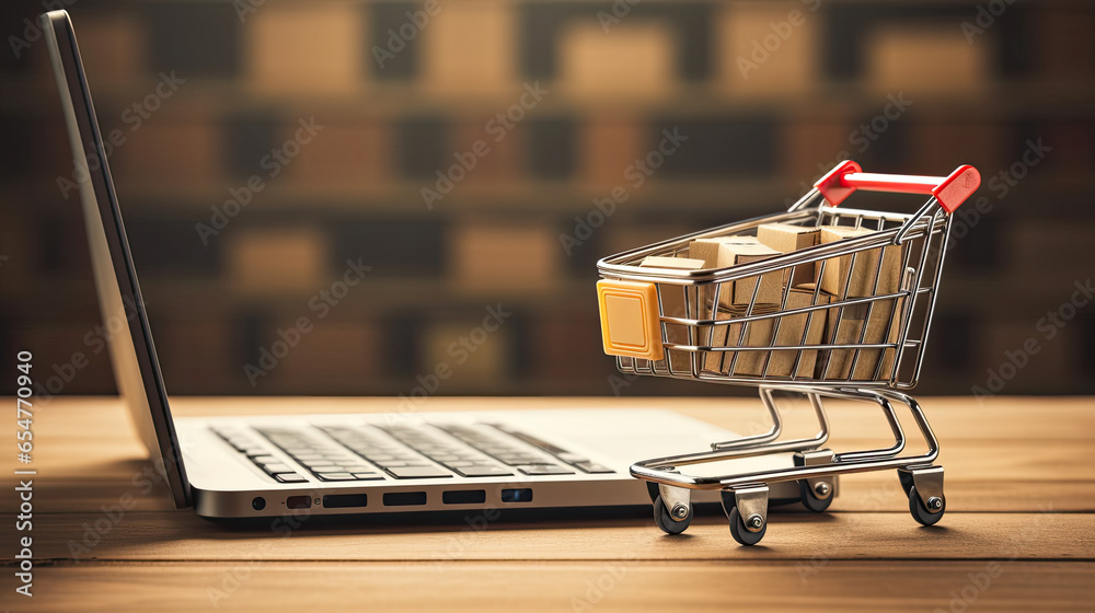 E-Commerce Concept: Online Business with Shopping Cart and Laptop Model