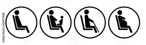 A set of icons for public transport. The seat of an elderly man,  a pregnant woman,person with kid. Icons for determining places in the subway, train, bus