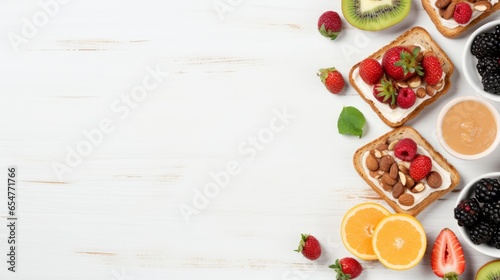 Plate of sandwiches with peanut butter, jam and fresh fruits on white wooden background from top view