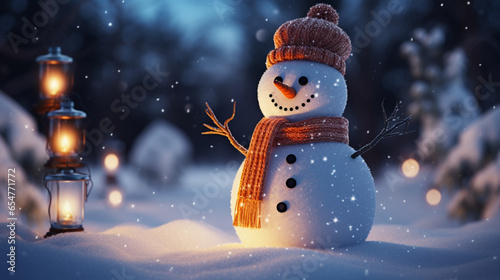 snowman standing in the night on the snowy background photo