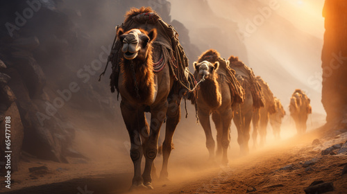 a group of camels walked through the desert sand