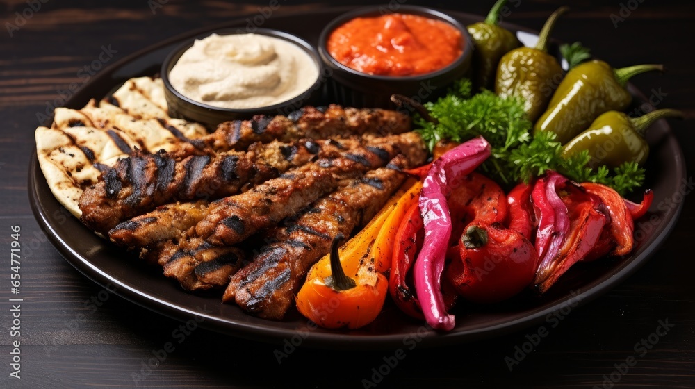 Platter of mixed grilled food (Arabic, Syrian, Lebanese or Egyptian food) ready for lunch or dinner with fresh healthy capsicum and sauce Platter of mixed grilled food (Arabic, Syrian, Lebanese or Egyptian food) ready for lunch or dinner with fresh healthy capsicum and sauce