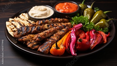 Platter of mixed grilled food (Arabic, Syrian, Lebanese or Egyptian food) ready for lunch or dinner with fresh healthy capsicum and sauce