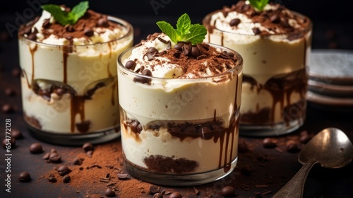 Homemade Italian tiramisu dessert elegantly presented in individual cups
