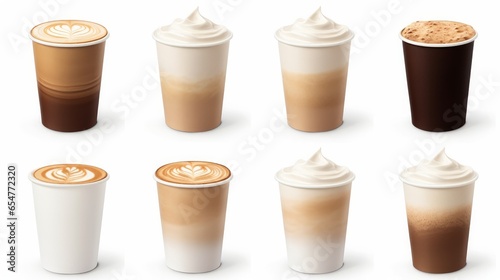Set of paper take away cups of different coffee latte or cappuccino isolated on white background, top view