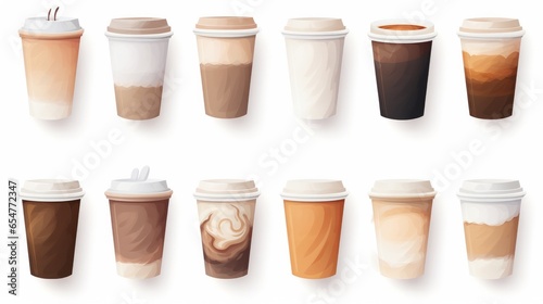 Set of paper take away cups of different coffee latte or cappuccino isolated on white background, top view