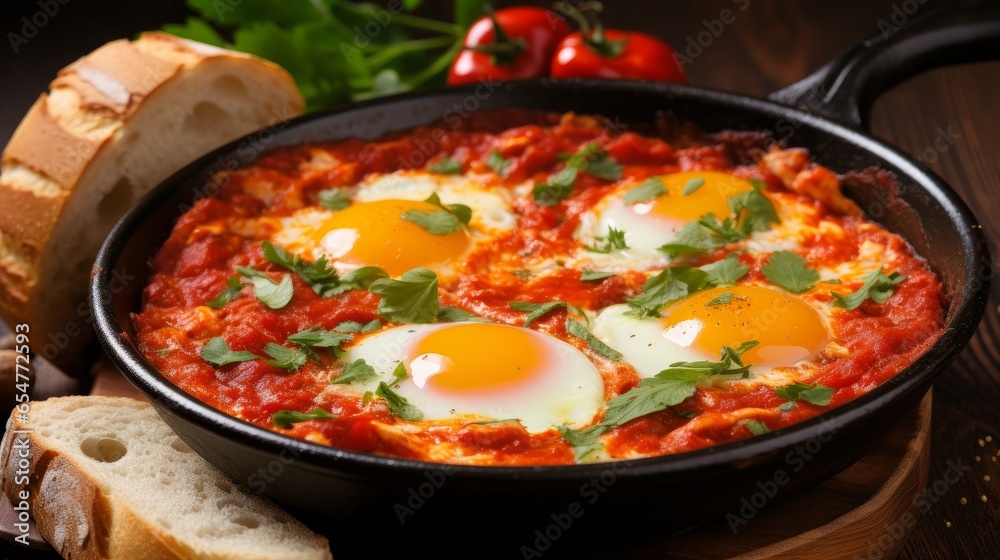 Tasty and Healthy Shakshuka in a Frying Pan. Eggs Poached in Spicy Tomato Pepper Sauce. Tasty and Healthy Shakshuka in a Frying Pan. Eggs Poached in Spicy Tomato Pepper Sauce.