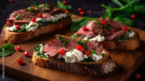  Close-up view of smoked beef open-faced sandwiches featuring tomatoes  white cheese  and spinach  as seen from the top.
