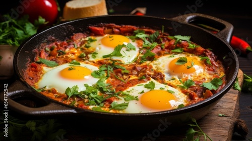 Tasty and Healthy Shakshuka in a Frying Pan. Eggs Poached in Spicy Tomato Pepper Sauce.