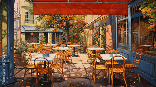A painting of a restaurant with tables